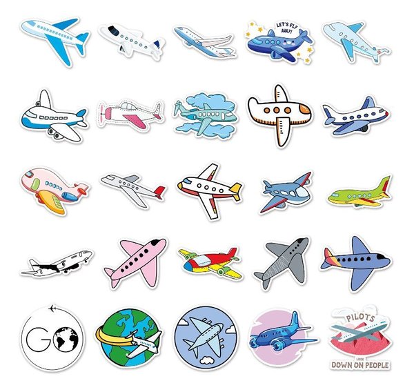 50 tlg Stickerset Flugzeuge Comic Basteln Airbus Boeing Air